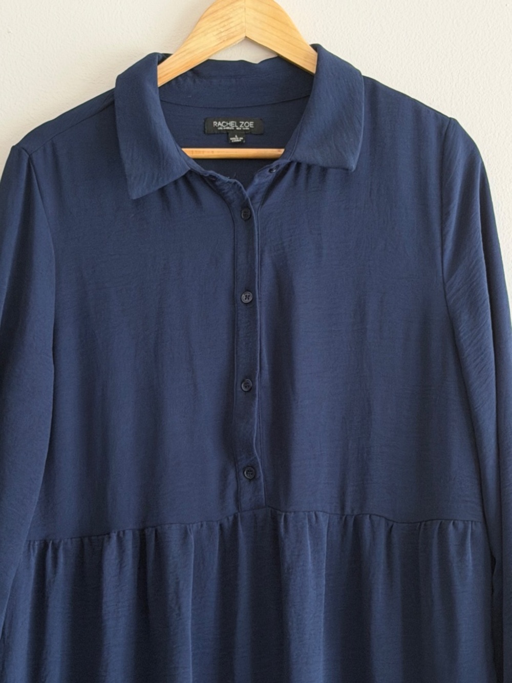 Rachel Zoe Midi Dress Tiered Skirt Navy Blue Long Sleeve Button Bodice Relaxed - Picture 4 of 16